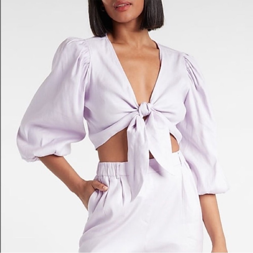 NWT EXPRESS Lavender Puff Sleeve Tie-Front Crop Top XXS - Picture 5 of 6